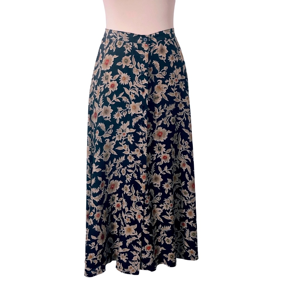 Jones New York Skirt 6P Black Floral Silk Button Front Maxi Cottagecore Boho